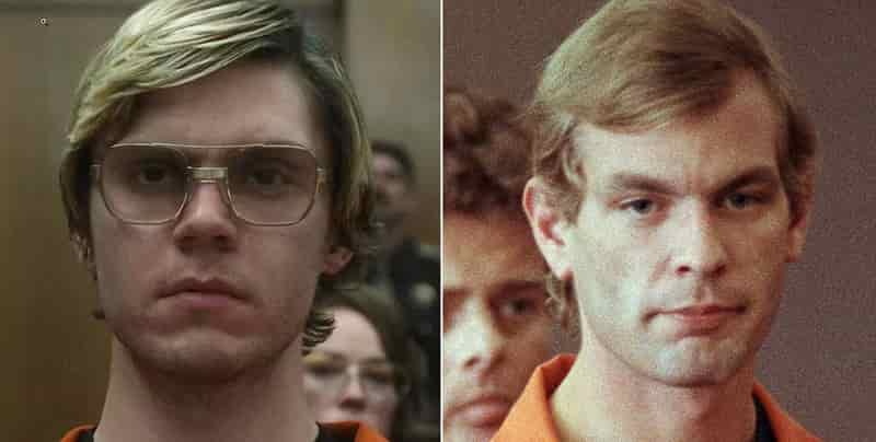 Dahmer-Monster The Jeffrey Dahmer Story (2022), starring Evan Peters a new Netflix crime series based on the story of serial killer known as the Milwaukee Cannibal 1-min on left Evan Peters in courtroom as jeffrey dahmer, on right real jeffrey dahmer in courtroom