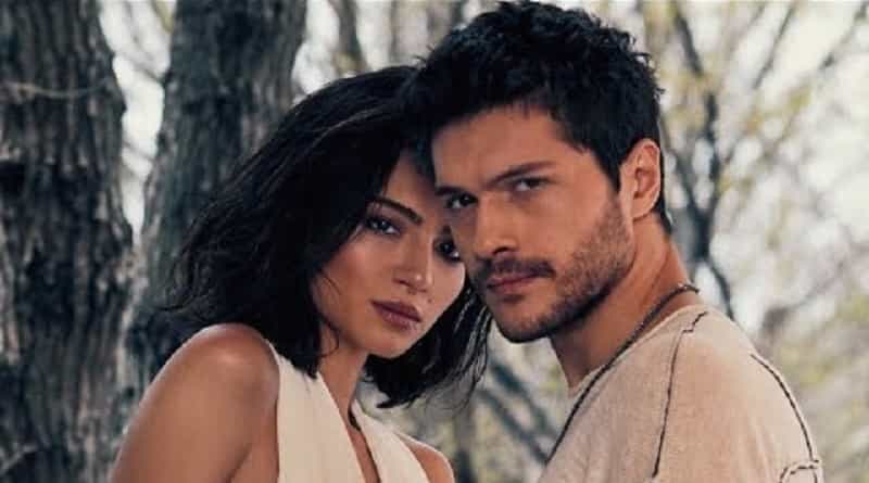 actors Erkeğe Güven Olmaz , face close up of alperen duymaz with Melisa Aslı Pamuk with black curly hair standing next to him on the right side