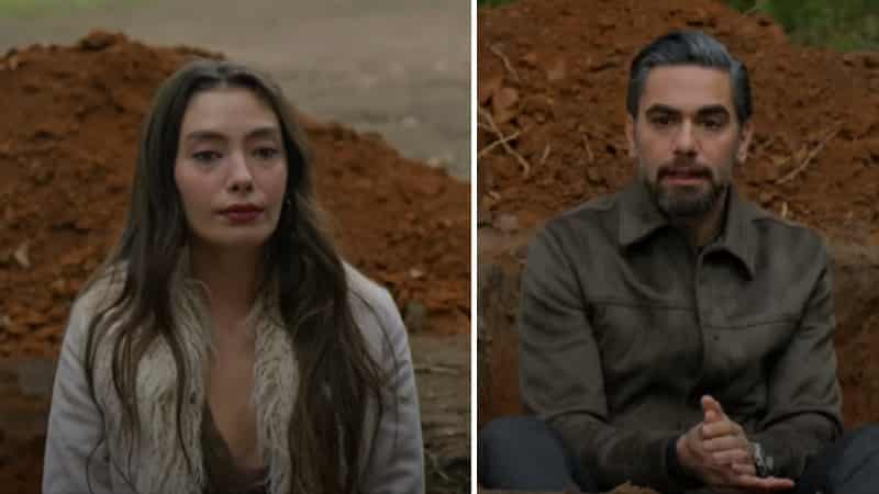 Live burial experience of Kadir Doğulu and Neslihan Atagül in their new series Gecenin Ucunda, an experience the couple inserted in the script-min hazal kaya wearing a yellow dress with a big red necklace and long black and straight hair looking straight to camera, won lawsuit