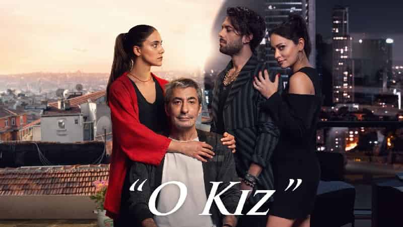 O Kiz That Girl (2022) a new Turkish series tells the drama of a poor girl striving for a better life while mothering her mentally retarded father starring Erkan Petekkaya and Dilin Doger-min Mest-i Ask film on left Hande Ercel wearing blue, middle Halit Ergenc white scarf on head, on right ibrahim celikkol wearing a brown long robe movie
