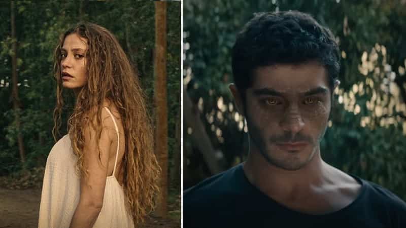 Shahmaran (2023) a new Netflix series starring Serenay Sarıkaya and Burak Deniz based on Turkish mythology follows the story of a mysterious community called Ma Mest-i Ask film on left Hande Ercel wearing blue, middle Halit Ergenc white scarf on head, on right ibrahim celikkol wearing a brown long robe movie