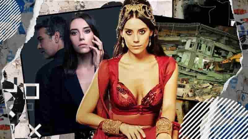 cansu dere wearing a red dress portraying the charchter of Firuze in magnificent century suleyman, on right the cover of her drama series Sadakatsiz and on left of her the earthquake that hit turkey and where she gone missing