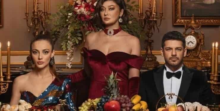 cover and Release Date of the turkish romantic drama series Veda Mektubu (2023) featuring Nurgül Yeşilçay wearing a red dress next to her daughter, Rabia Soytürk, and Emre Kıvılcım, sitting at a table full with food