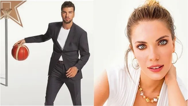 Buğrahan Tuncer wearing a grez suit with the the ball next to eda ece wearing a white blouse with blue ezes and red lips 
