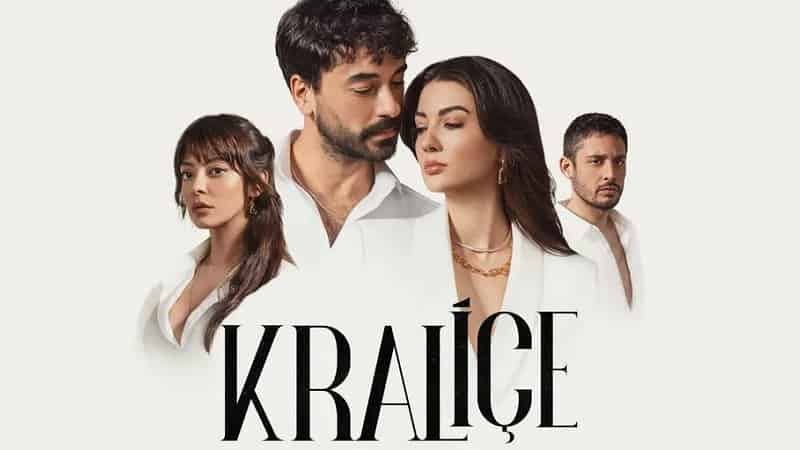 Poster of the new turkish drama series Kraliçe sugar queen (2023) featuring Burcu Özberk and Gökhan Alkan dressed in white