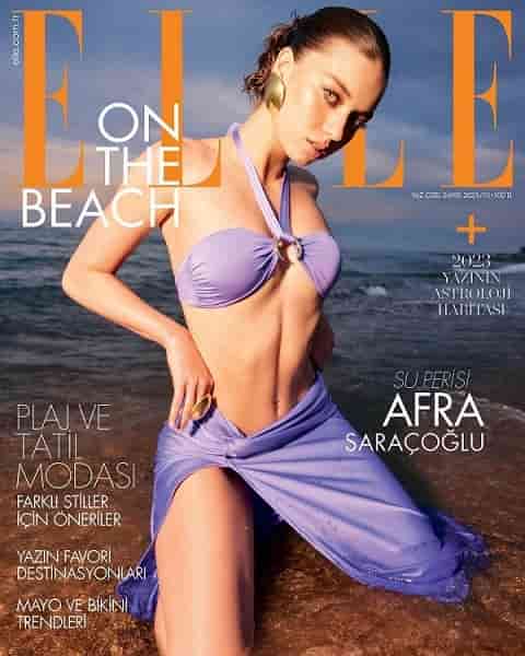 Afra Saraçoğlu cover of ELLE Magazine beach Seyran in the Turkish series Yalı Çapkını dizi-min turkish actress sexy on beach Afra Saraçoğlu elle wearing a blue bikini suit shines on the cover of ELLE Magazine, talking about Seyran and Ferit