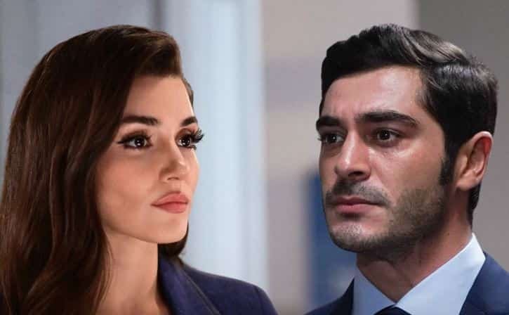in the new turkish tv series Bambaşka Biri episode 3 Kenan portrayed by Burak Deniz looking Leyla Geldiz, Hande Erçel in eyes