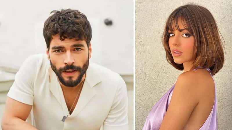 on right Aslıhan Malbora wearinf a blue dress with bob hair next to partner Akın Akınözü wearing a white shirt and beard in new turkish dizi Aile Albümü series